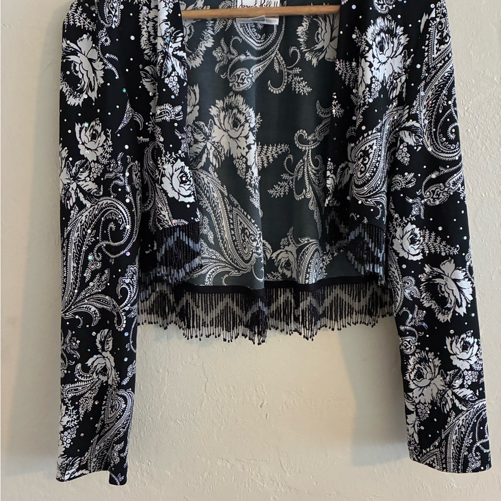 Joseph Ribkoff Black and White Sequin Floral Paisley Crop Fringe Jacket - Picture 5 of 5